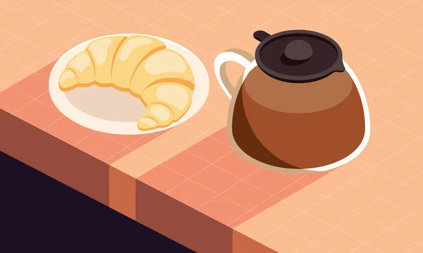 Coffee Teapot Croissant Scene — Stockvector