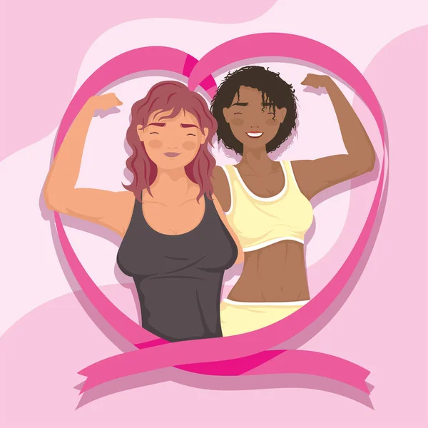 Interracial Girls Breast Cancer Awareness — Archivo Imágenes Vectoriales