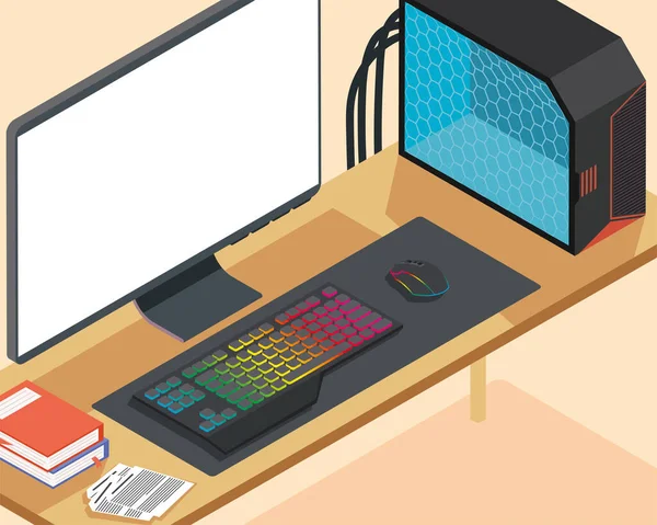 Isometric Desktop Workplace Tech Scene — Stok Vektör