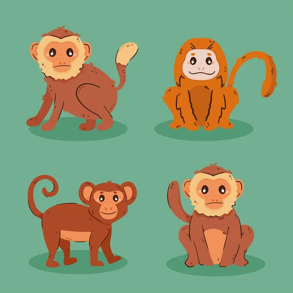 Four Monkeys Comic Characters Animals — Stock Vector