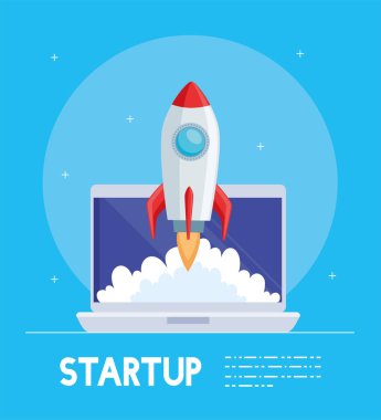 rocket start up in laptop poster