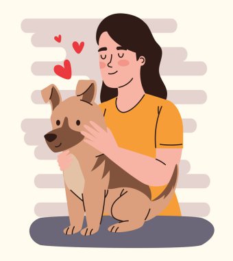 woman caressing and dog character