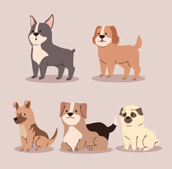 Five Little Dogs Comic Characters — ストックベクタ