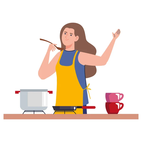 Woman Cooking Yellow Apron Character — Archivo Imágenes Vectoriales