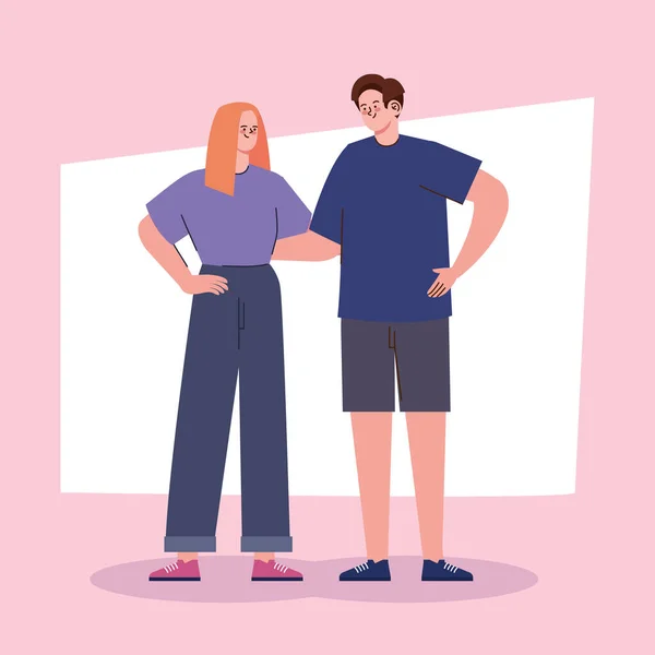 Happy Young Couple Standing Characters —  Vetores de Stock