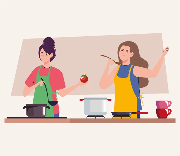 Tow Girls Cooking Kitchen Characters — Vetor de Stock