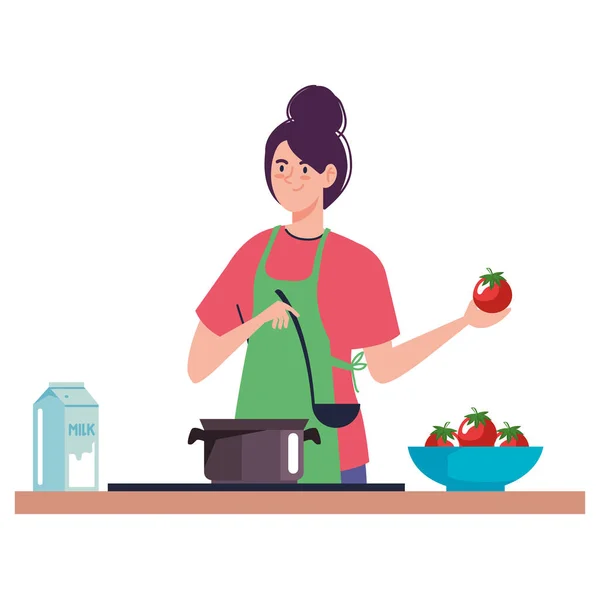 Woman Cooking Green Apron Character — Vector de stock