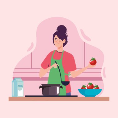 woman cooking wearing green apron character