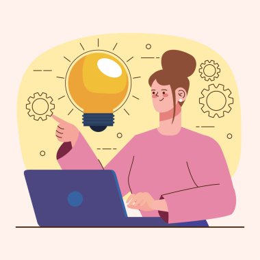 business woman using laptop character