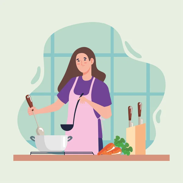 Woman Cooking Wearing Pink Apron Character — Vettoriale Stock