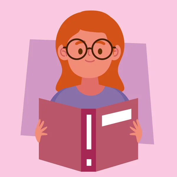 Girl Wearing Glass Reading Book Character — Stock Vector