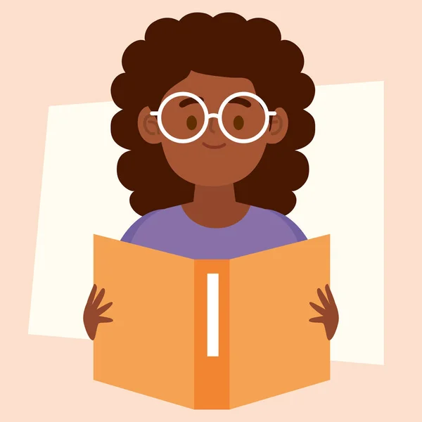 Afro Girl Reading Book Character — Stockvector