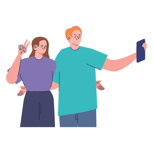 Lovers Couple Taking Selfie Characters — Stock vektor