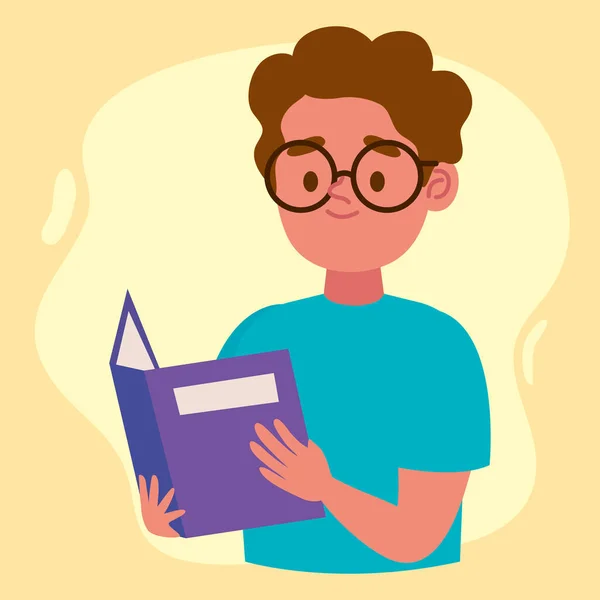 Boy Wearing Eyeglasses Reading Book — Vector de stock