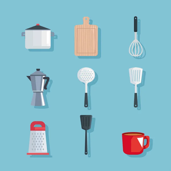 Nine Kitchen Utensils Set Icons — Stock Vector