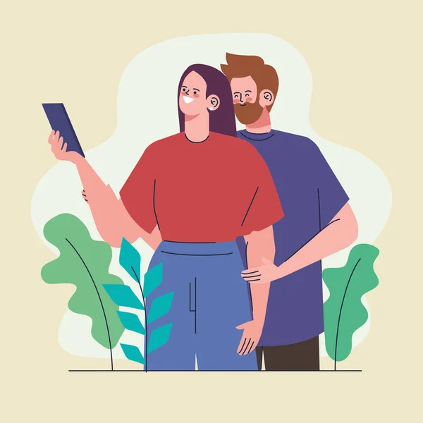 Couple Taking Selfie Leafs Characters — Vector de stock