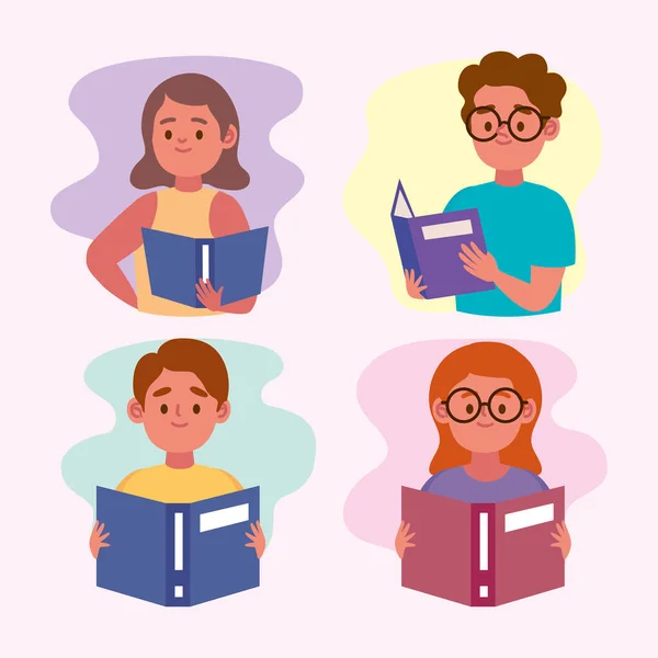 Four Kids Reading Books Character — Stock Vector