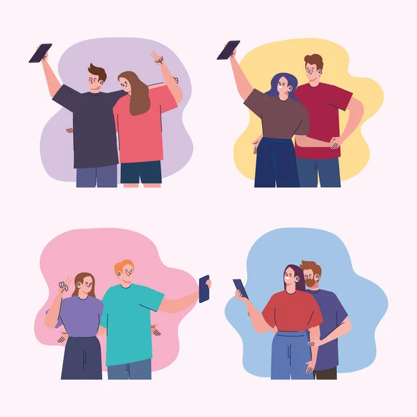 Four Couples Taking Selfies Characters —  Vetores de Stock