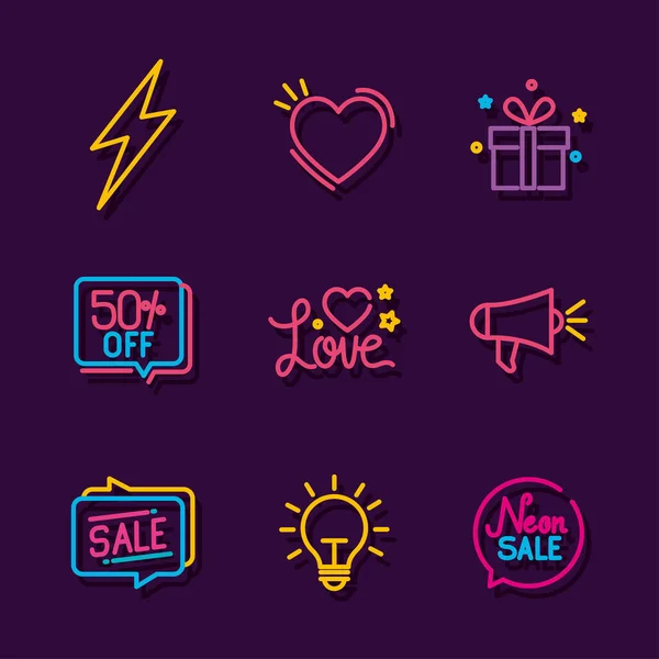 Nine Neon Light Set Icons — Stock Vector