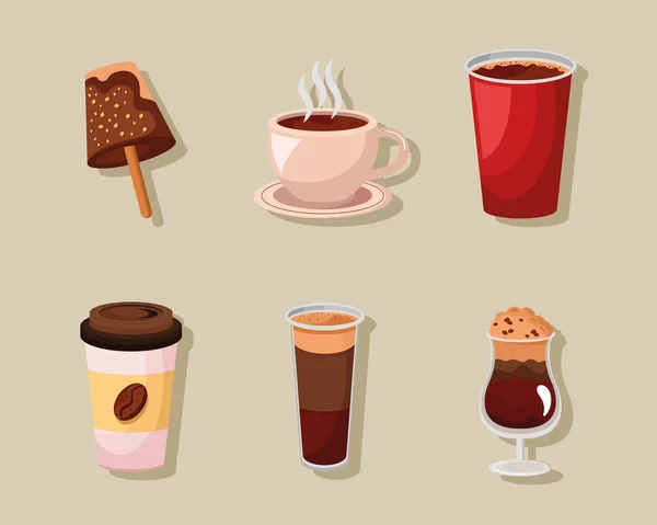 Zes Koffie Drank Set Pictogrammen — Stockvector