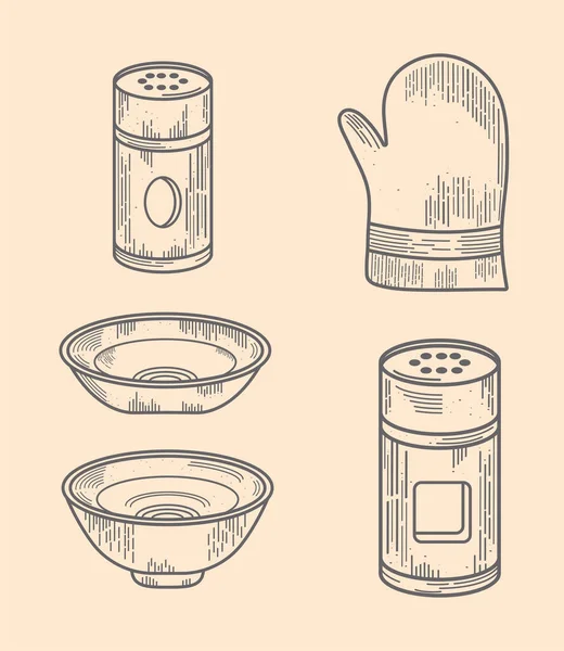 Ять Наборів Іконок Кухонного Обладнання — стоковий вектор
