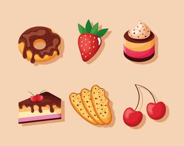 Six Desserts Products Set Icons — 스톡 벡터