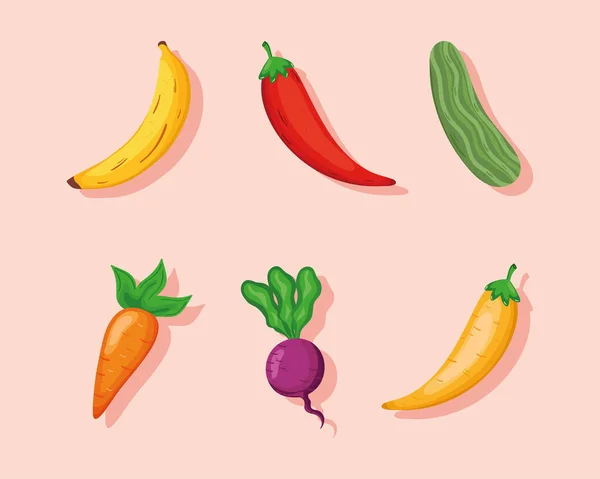 Sex Frukt Och Grönsaker Ikoner — Stock vektor