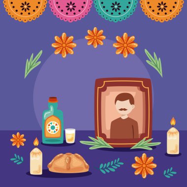 dia de los muertos altar and flowers poster