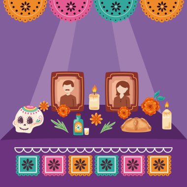 dia de los muertos religious altar scene