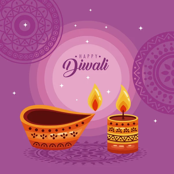 Happy Diwali Lettering Postcard Candles — Stock Vector