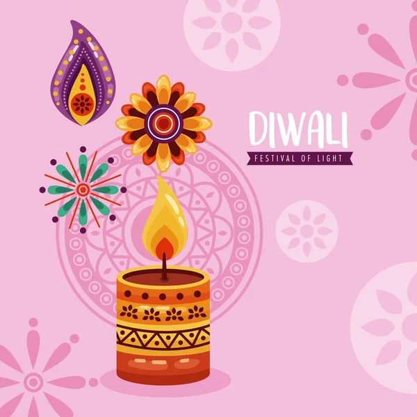 Diwali Festival Light Lettering Card Candle — Stockvektor