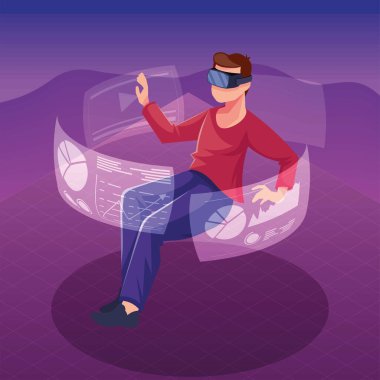 man with mask and holograms displays metaverse