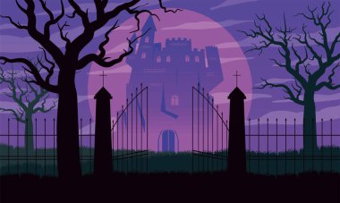 halloween dark castle and gate scene