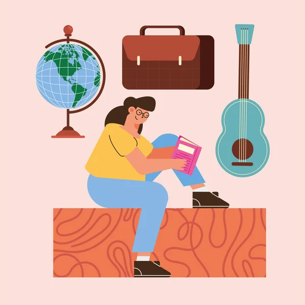 Woman Reading Supplies Character — Stockvector