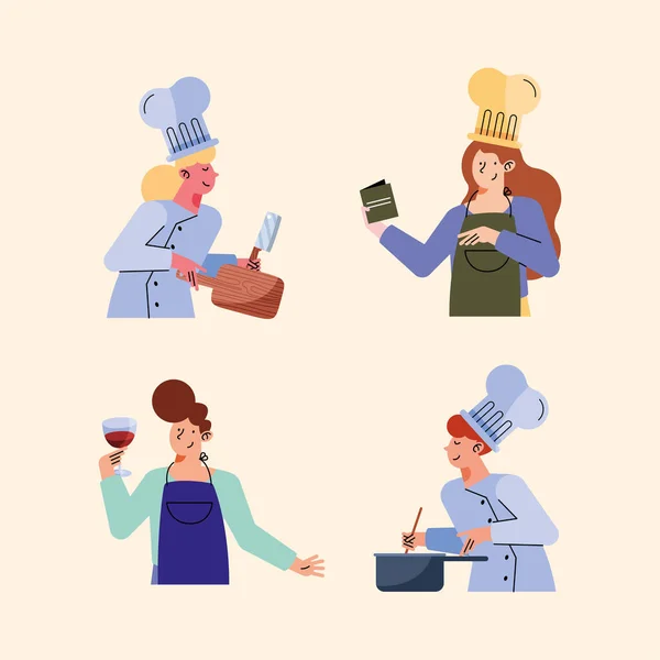 Four Persons Cooking Comic Characters — Stock Vector