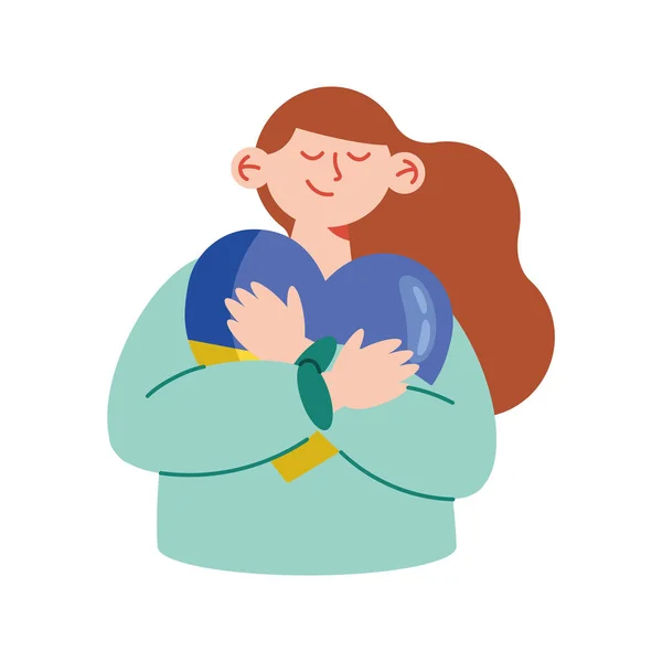 Woman Huging Ukraine Heart Character — Stockvector
