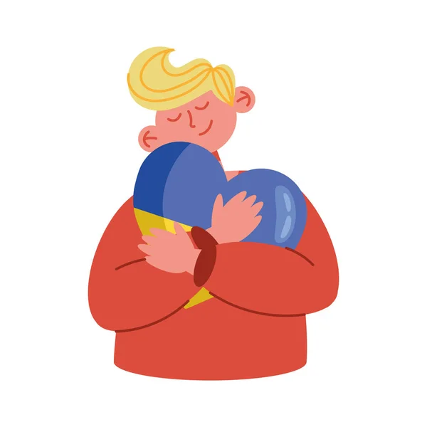 Blond Man Huging Ukraine Heart Character — Stockvector