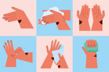 six hands washing set icons