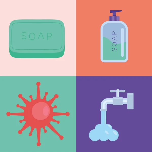 Four Hands Washing Set Icons — Vetor de Stock