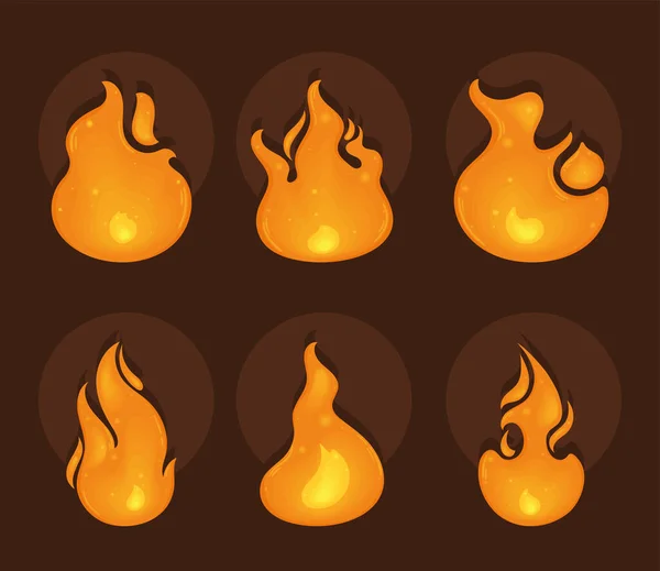 Six Fire Flames Set Icons — 스톡 벡터