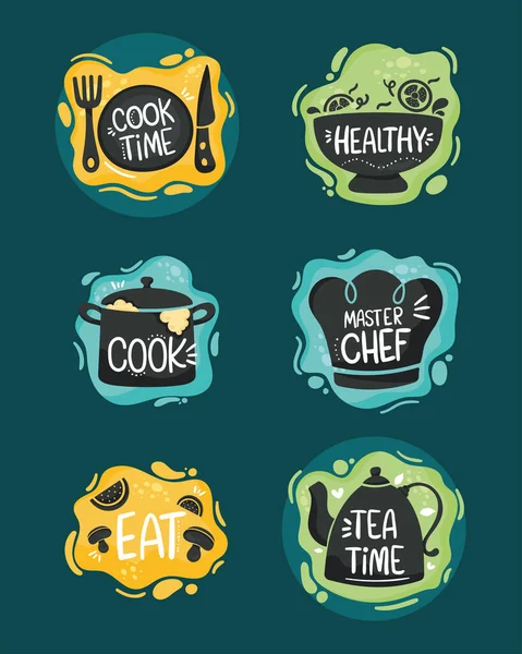 Restaurant Letterings Set Six Icons — Stock Vector