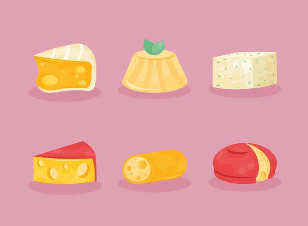 Six Cheeses Types Set Icons — ストックベクタ