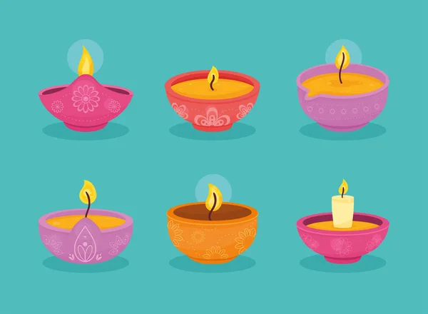 Six Diwali Ceremony Set Candles — Wektor stockowy