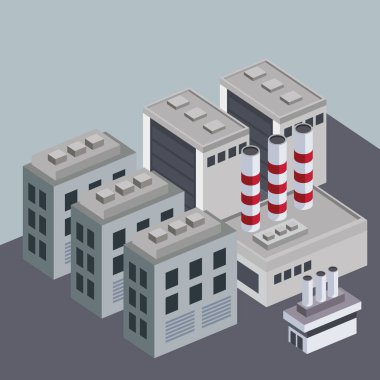 isometric gray buildings and chimneys structure