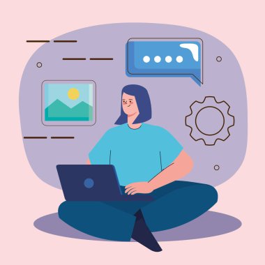 business woman using laptop character