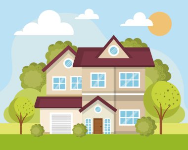 house facade with trees scene