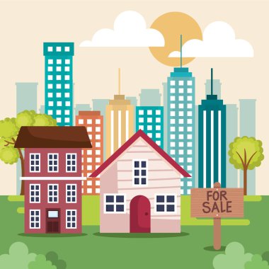 for sale label with cityscape scene