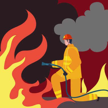 fireman with hose and flames scene