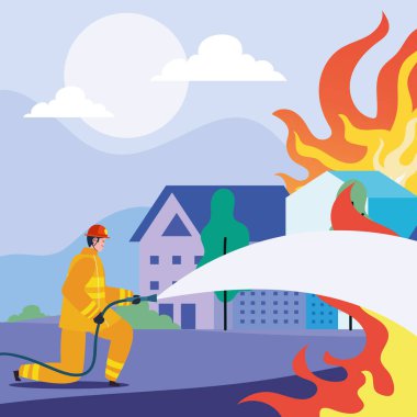 fireman putting out fire with hose scene