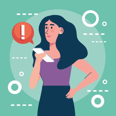 woman using smartphone with alert character